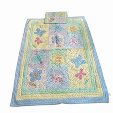 Vtg THE COMPANY STORE TWIN BED SET QUIT PILLOW SHAM FLORAL BUTTERFLIES LADY BUGS