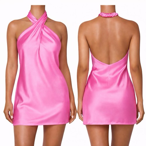 Show Me Your Mumu Jasmine Halter Mini Dress Pink Satin Open Back Size Small XS