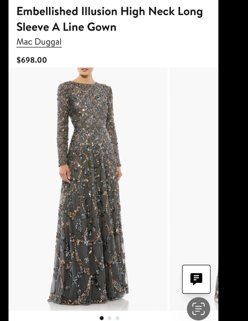 Mac Duggal 5496 Sequin HighNeck Illusion Sleeve Floral Gown SZ 6 Charcoal $698