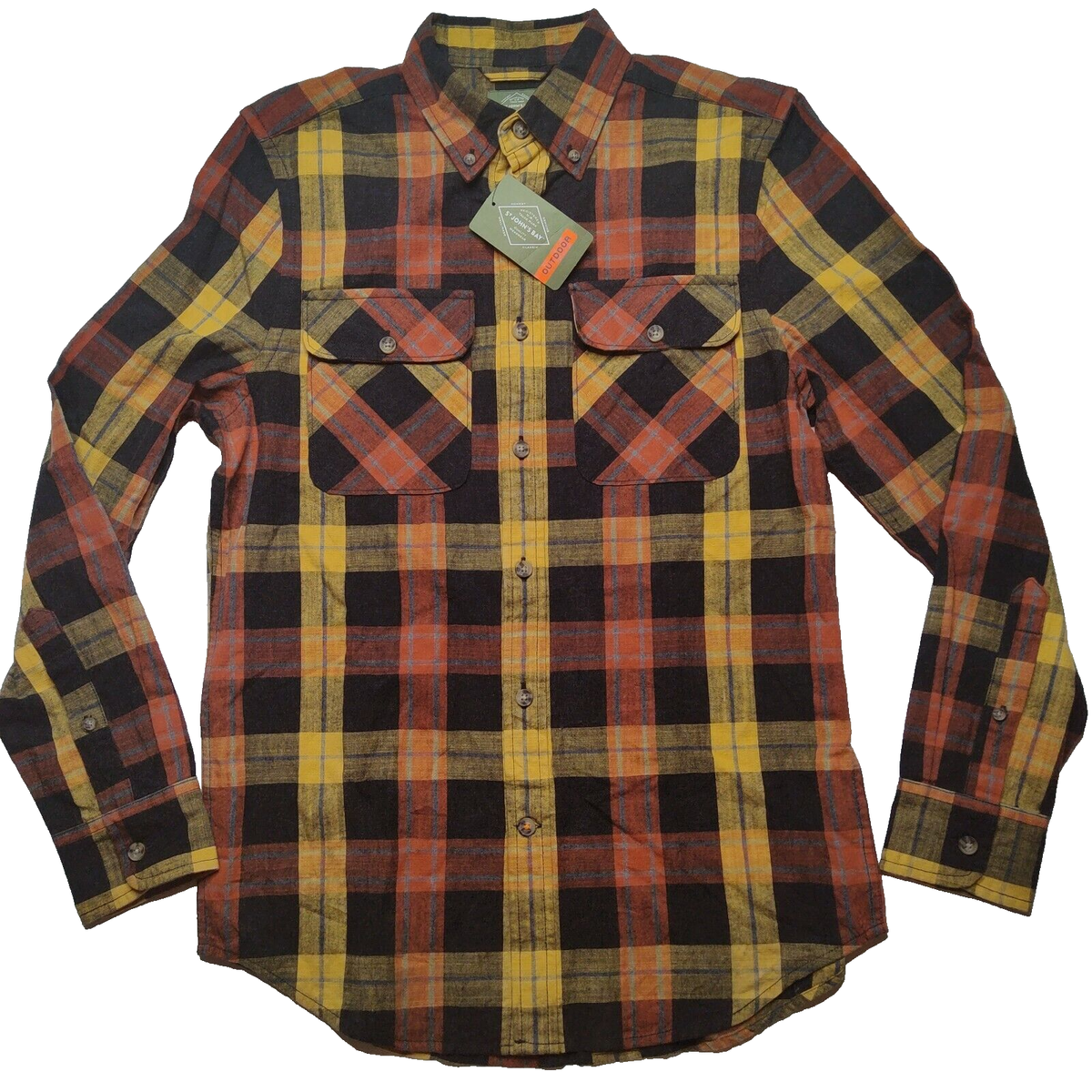 St Johns Bay Outdoor Men Small Orange Gold Plaid Flannel