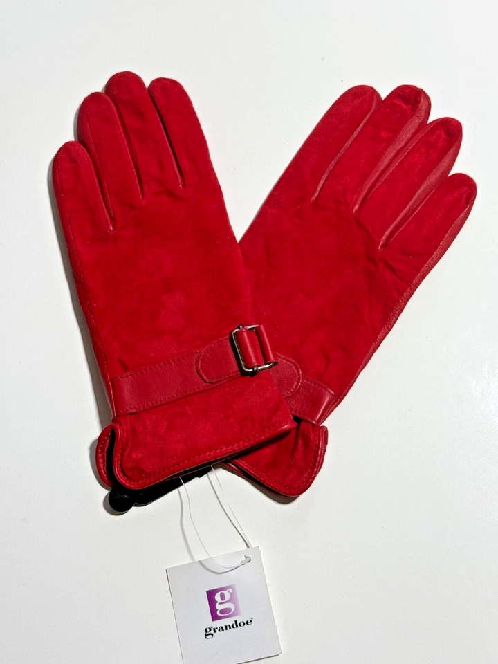 Guantes para mujer Grandoe vintage rojos brillantes imitación cuero y gamuza talla M nuevos con etiquetas Foto 3 de 4