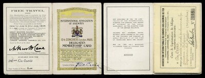 1925 LONDON FREE TRAVEL CONGRESS MEMBERSHIP CARD ASSOCIATION OF RAILWAYS