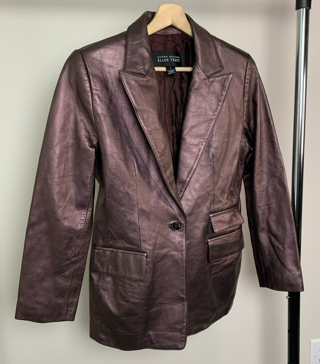 Linda Allard Ellen Tracy Leather Jacket Burgundy Buttons Pockets