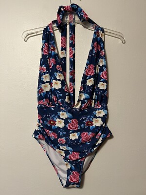 CUPSHE One Piece Swimsuit Blue Floral Plunge Halter Womens Size XL NWT