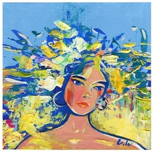 Woman Painting Original Art Portrait Woman Art Blue Yellow Painting 8 by 8