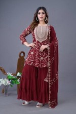 Fancy Embroidered Georgette Red Top with Stylish Sharara Suit, Pakistani Dress