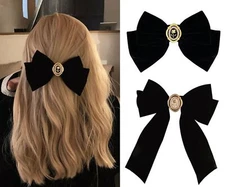 2 Pcs Velvet Hair Bows Black Ribbon Clips, Cute Duckbill Clip Hair Decor, Ros...