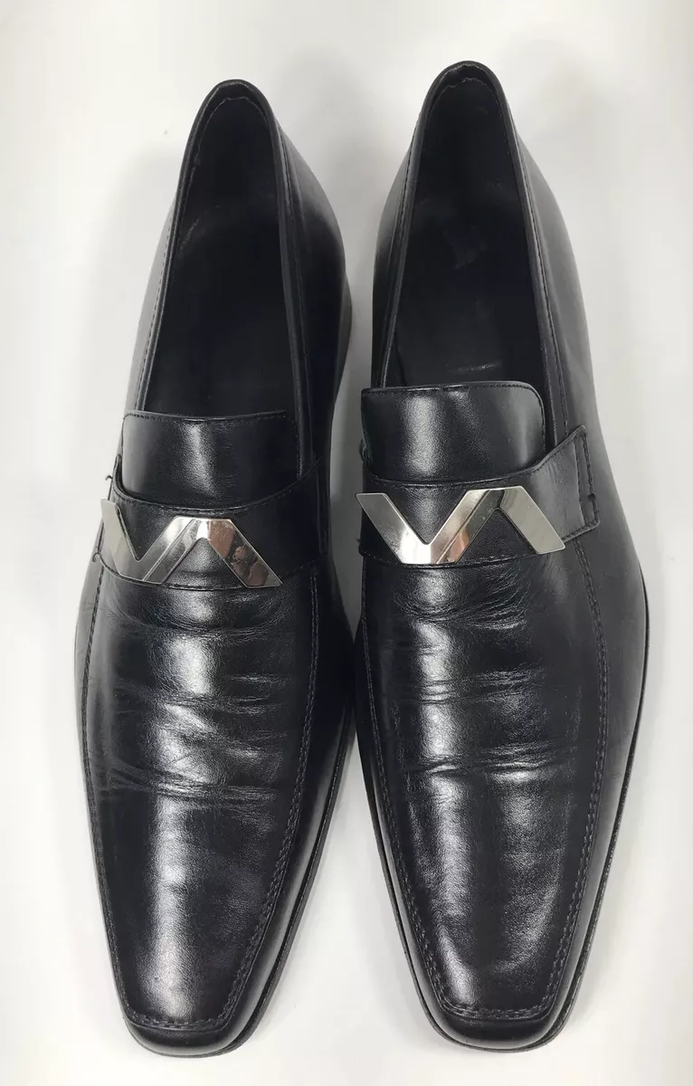 Gianni Versace Leather Mens Dress Shoes Black With Metal Logo Size 40 US 7