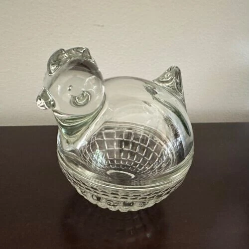 VINTAGE PAIR Anchor Hocking Chicken Hen On Nest Clear Glass Covered Candy Dish