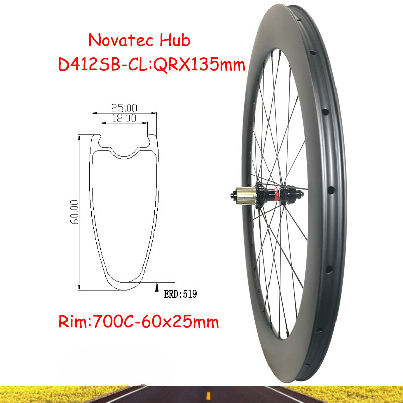 700C 60x25mm Road Bike Carbon Tubeless Rear Wheelset Novatec