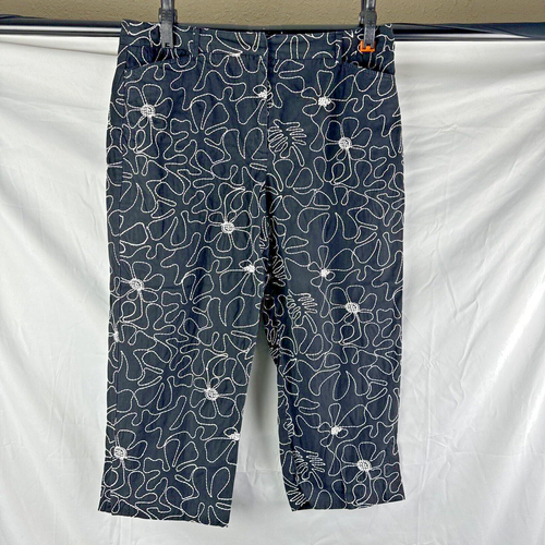 Womens Talbot Black String Embroidered Flower Crop Flat Front Pants 14 Lined
