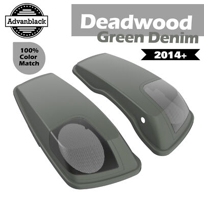 Deadwood Green Denim 5x7 Saddlebag Speaker Lids Audio Cover For 2014+ Harley
