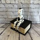 20cm Black White Dog Sitting Animal, Wooden Shelf Ornament Handmade & Fairtrade