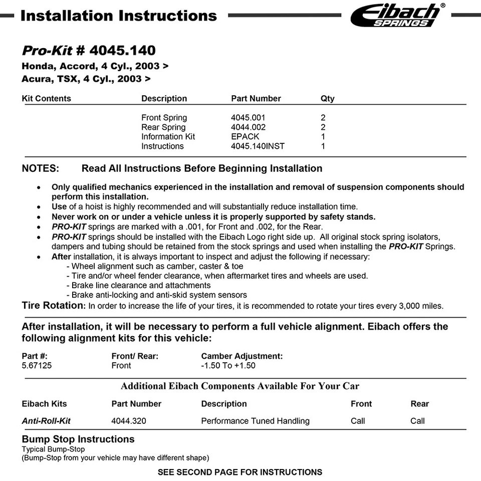 Muelles rebajadores delanteros traseros Eibach 4045.140 PRO-KIT para 04-08 TSX / 03-07 Accord Foto 2 de 4