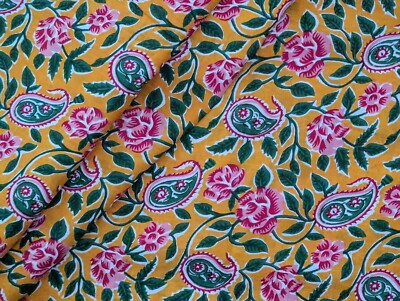 Gelb Blumenmuster 100 % Baumwolle Batik Handblock bedruckt Kleid Material Handwerk Stoff