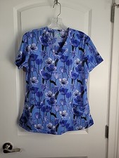 GT Performance V Neck Stretch Floral Blue Scrub Top Women's Small