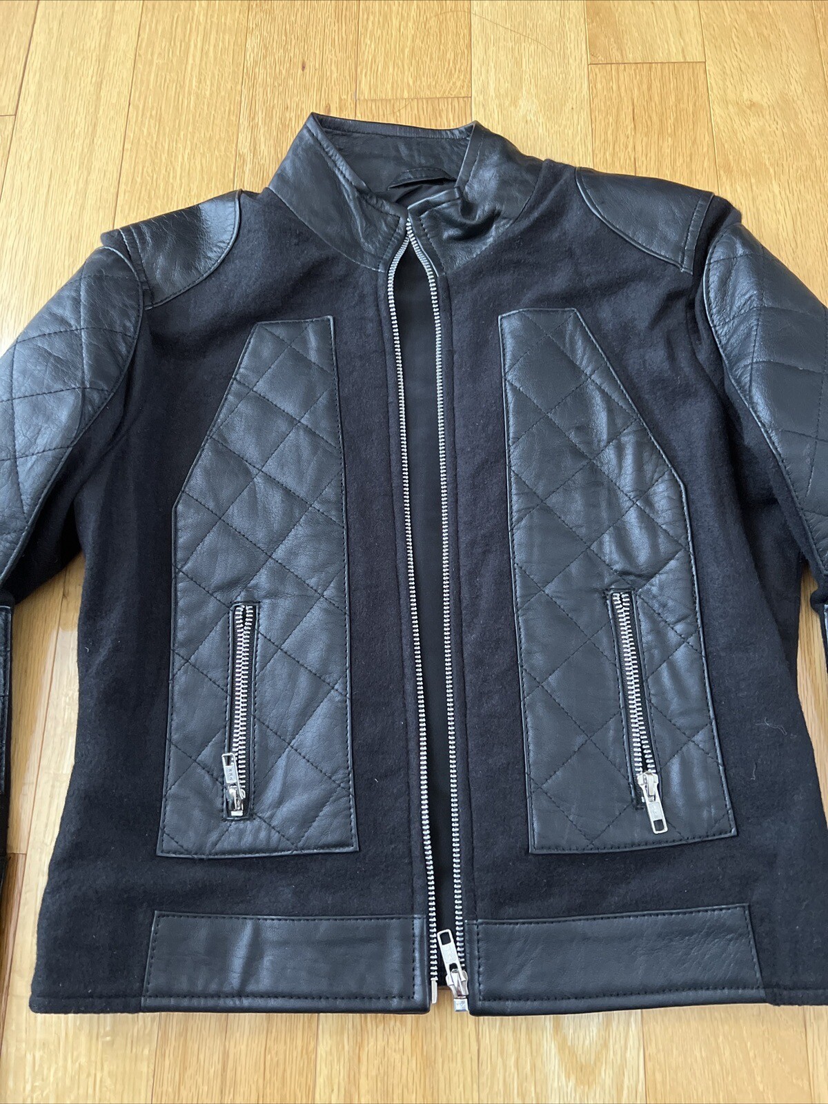 Rare Women'S Black Quilted Biker Genuine Leather Jacket with Wool Accent Small image 2