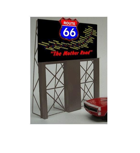 Panneau publicitaire Route 66 Miller Engineering rétroéclairé animé pour maquette HO