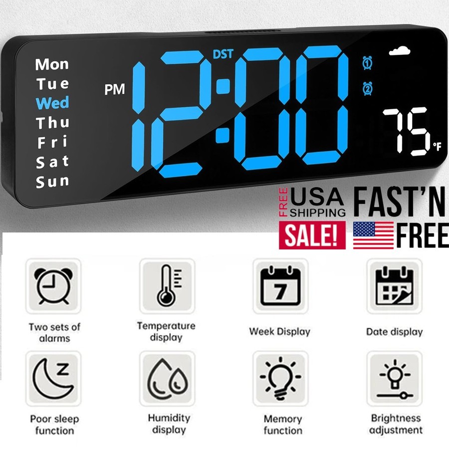 Digital LED Large Display Wall Desk Alarm Clock With Calendar Temperature Date √