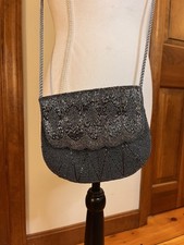 Vintage Beaded Black Silver Evening Purse Double Sided Scallop Flap Flapper Glam