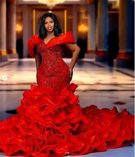 Beaded Crystal Mermaid Prom Dresses Off Shoulder Tiered Evening Party Gowns