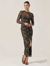 ASTR Black Floral Print Mesh Long Sleeve Sweetheart Long Sleeve Ruched Dress XL