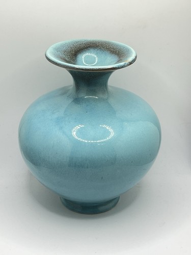 Vintage Kunstkeramik türkisblau Vase Flaschenhals schwarz gesprenkelt 1017-1 Mark 6,5" - Bild 1 von 10
