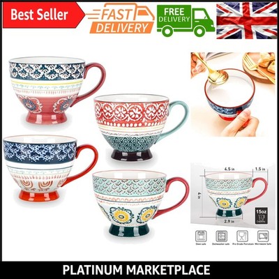 Große Keramik Kaffeebecher 4er Set - Stilvolles Blumen Handarbeit Design, 15oz, Mi...