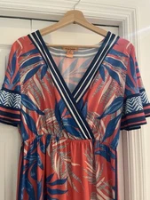 Flying Tomato Womens Surplice Maxi Dress Size M Coral Pink Tropical Palm Beachy