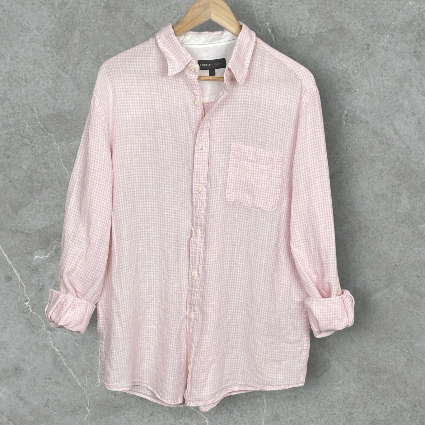 Preppy Pastel Pink Gingham Linen Button Up Shirt Mens L Beach Resortwear Summer