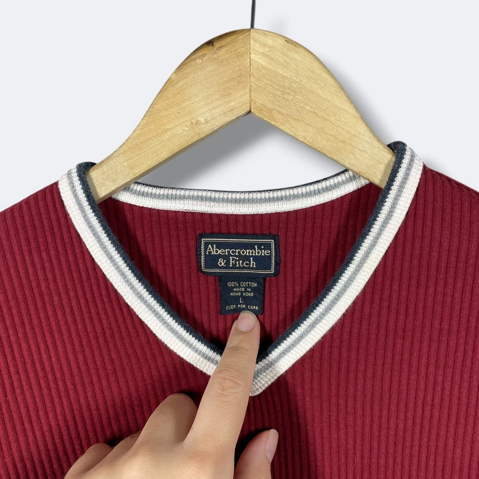 Top de punto acanalado vintage Abercrombie Fitch L/s para mujer L borgoña cuello en V minimalista Foto 3 de 4