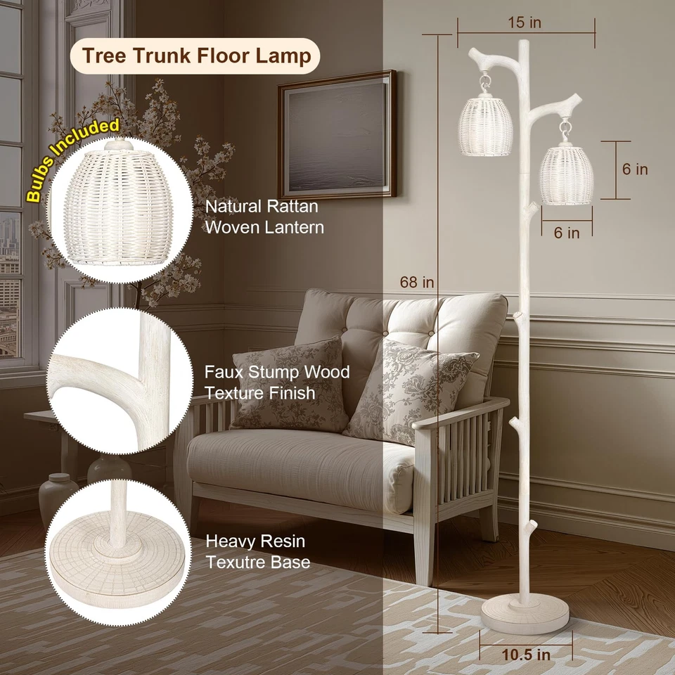 Scenekoy 68” abajur de assoalho de árvore de vime rústico, regulável, branco lavado - Imagem 4 de 4