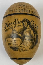 Vintage Columbian Egg Needle Case Victorian Lady Sewing Wooden Germany 1492 Rare