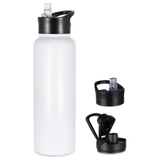 40oz Insulated Water Bottle White Stainless Steel with Straw Wide Mouth Lid