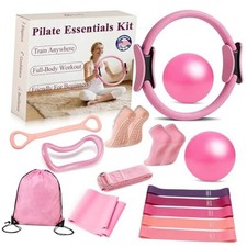 Pilates Ring and Small Ball Set for Women with 5 Resistance Bands, 14 inch Pink
