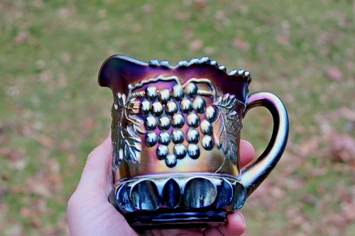 ANTIQUE NORTHWOOD GRAPE AND CABLE CARNIVAL GLASS CREAMER - AMETHYST