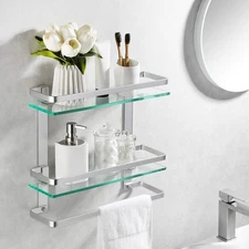 Bathroom Tempered Glass Shelf 2 Tier Storage Glass Shelf Rectangular with Bar...