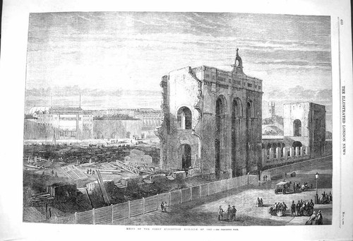 Original Old Antique Print 1864 Ruins Great Exhibition Building Architecture