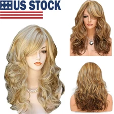 Long Natural Wavy Ombre Brown Blonde Wigs with Bangs for Women Daily Use Hair US