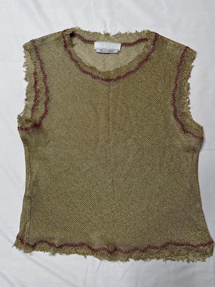 Prada Spring 1998 Gold Metallic Knit Sleeveless Crop Sweater Prada Spring 1998 Gold Metallic Knit Sleeveless Crop Sweater