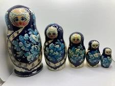 Wooden 5-Piece Russian Nesting Doll Set Blue Flower Pattern