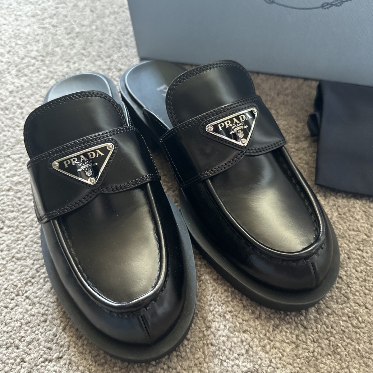 Prada Calzature Donna Mules Black Logo Loafers Size 35.5 Brand New