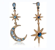 Betsey Johnson Celestial Moon & Star Drop Earrings | Crystal Accents |