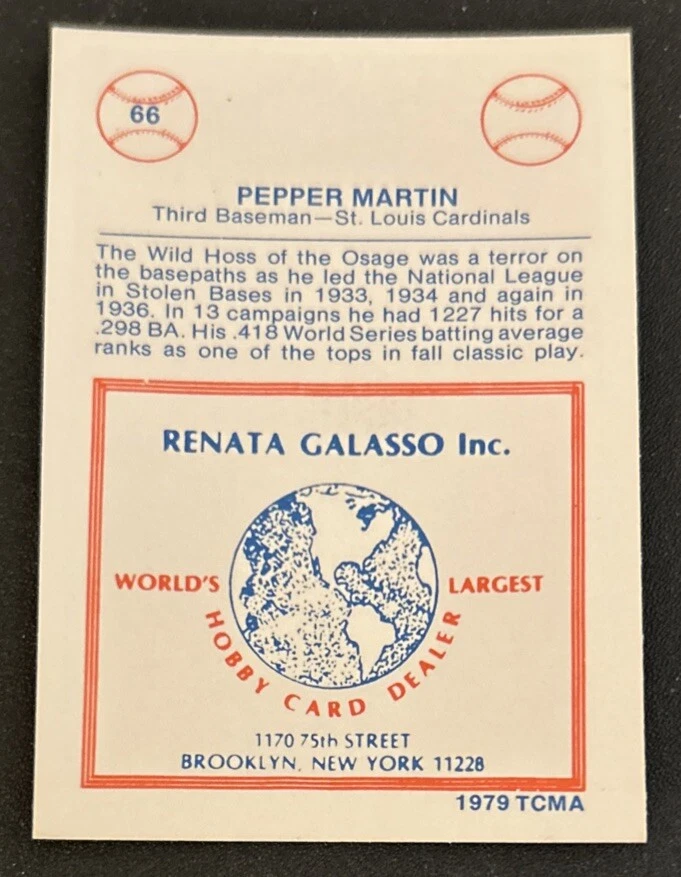 1979 TCMA Renata Galasso Pepper Martin Baseball Card #66 Cardinals 3B VG O/C - Image 2 of 2
