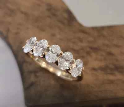 1.00Ct Oval Cut Certified Lab Grown Diamond Ring Five Stone Band 14k Yellow Gold