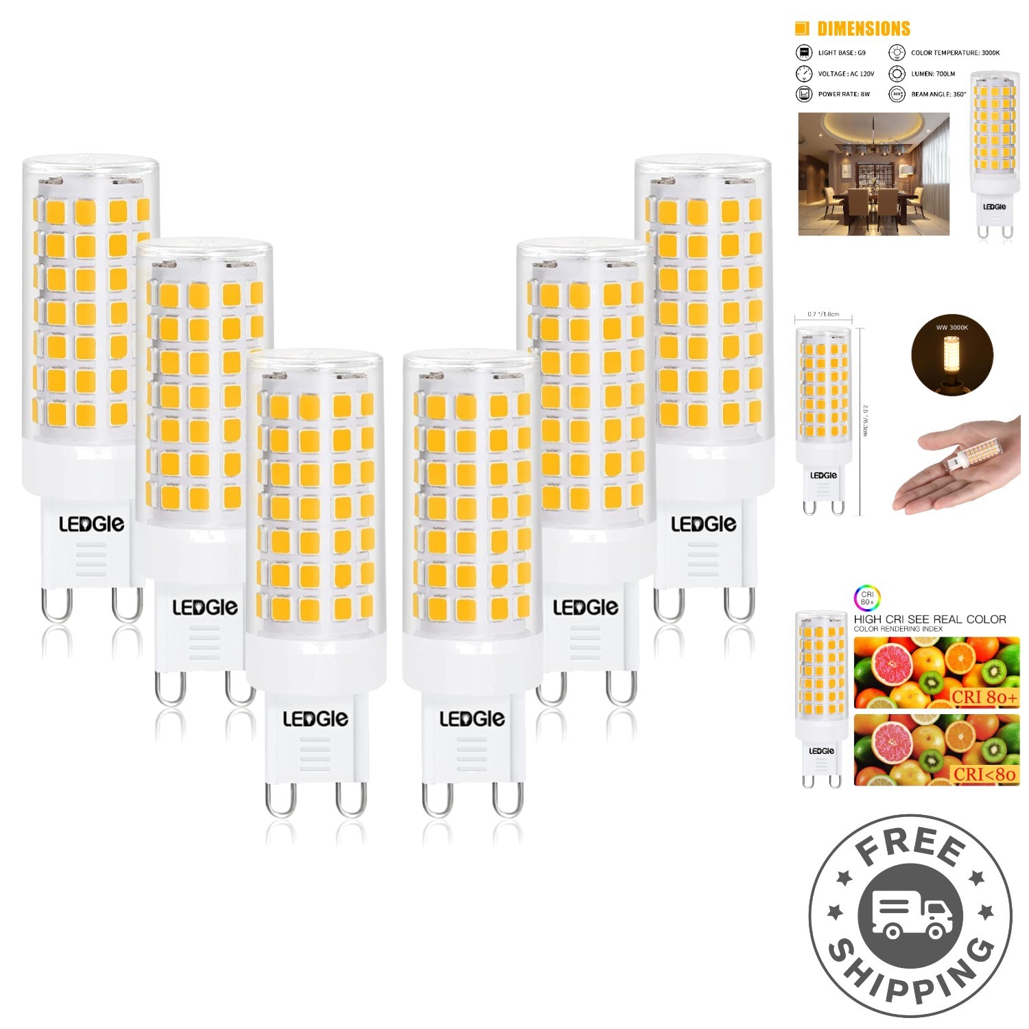 Glare-Free 8W G9 LED Bulbs, 80W Halogen Equivalent, 360&deg; Be