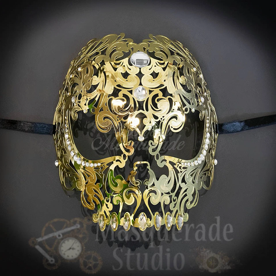 Womens Full Skull Phantom Day of the Dead Halloween Masquerade Mask [Gold] - Image 2 of 4