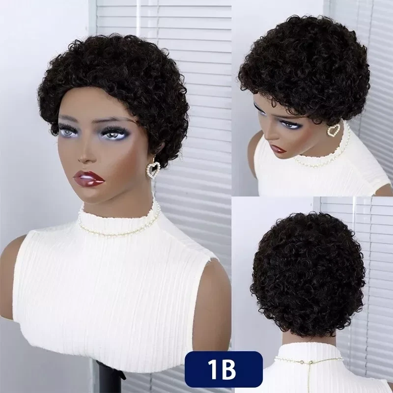 Peluca corta negra corte pixie pelo real sin encaje peluca afro rizada para mujeres negras Foto 4 de 4