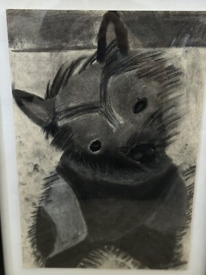 17''x23'' Artist Signed Posh Glam Abstract Framed Art of Black Dog, Terrier Yorkie