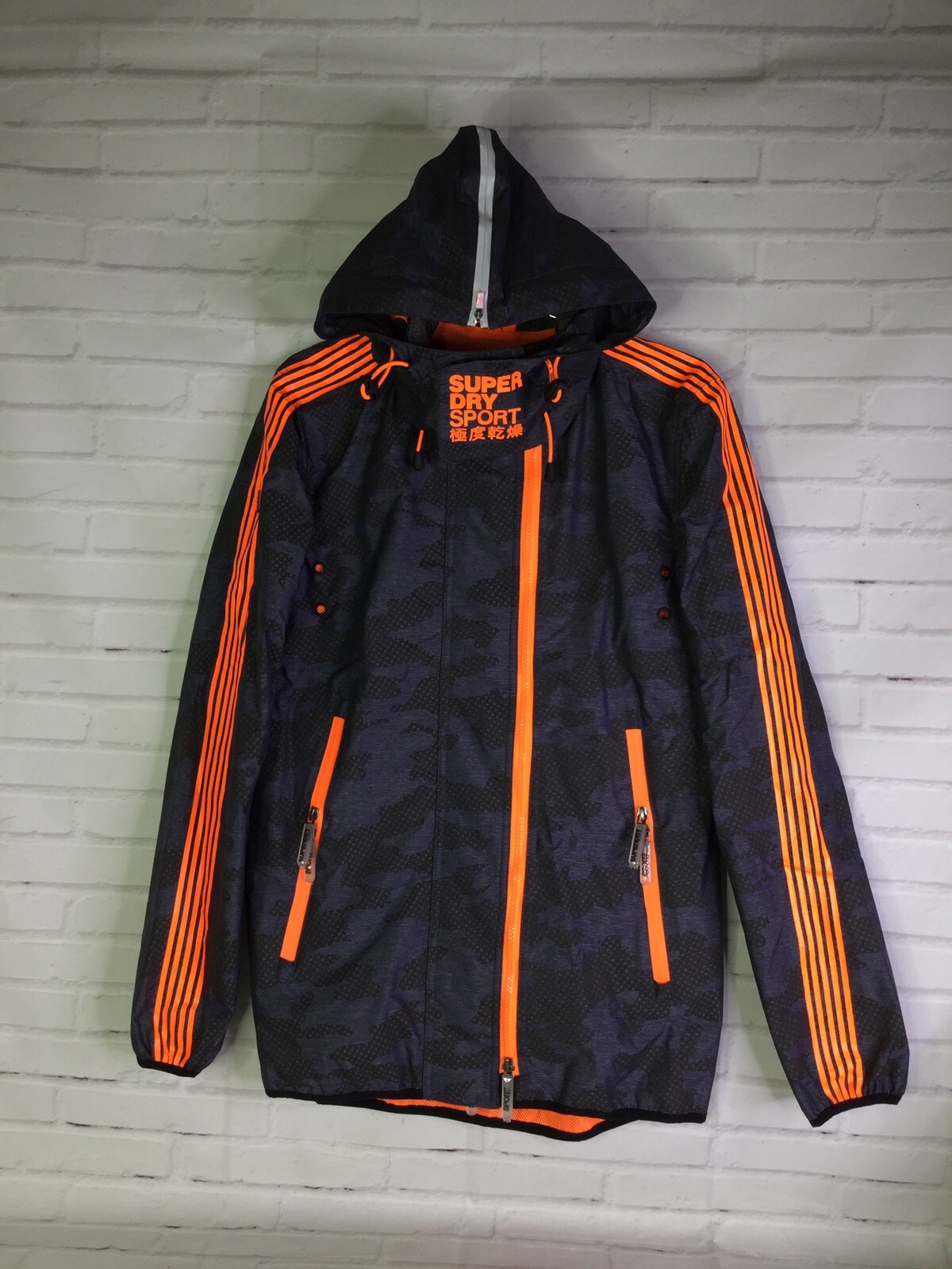 Superdry Windsprinter Tech Camo Lightweight Jacket Hooded Black Gray Mens Size S